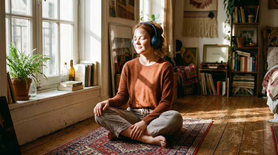 A woman with headphones sitting cross-legged on a rug in a sunny room, eyes closed