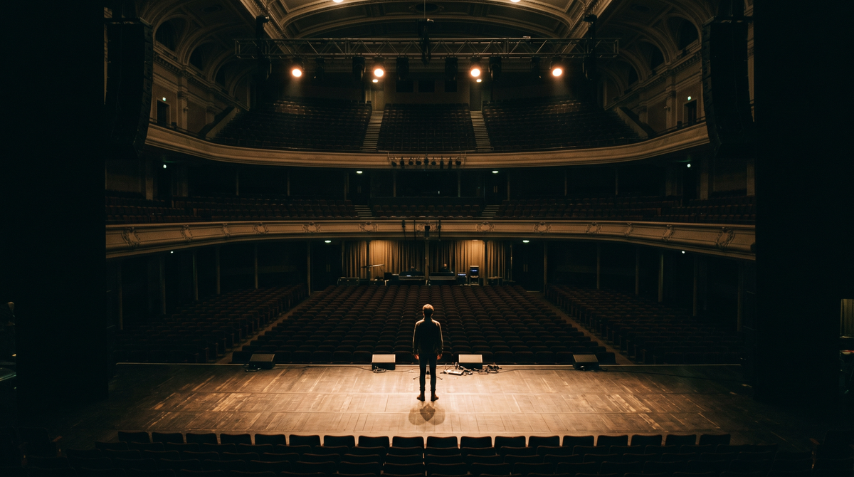 A lone figure standing on the stage of an empty, softly lit concert hall