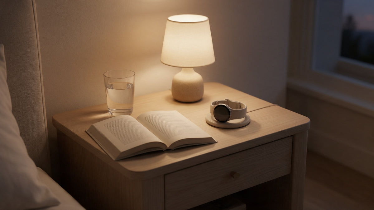 A bedside table at dusk with a glass of water and a watch charging