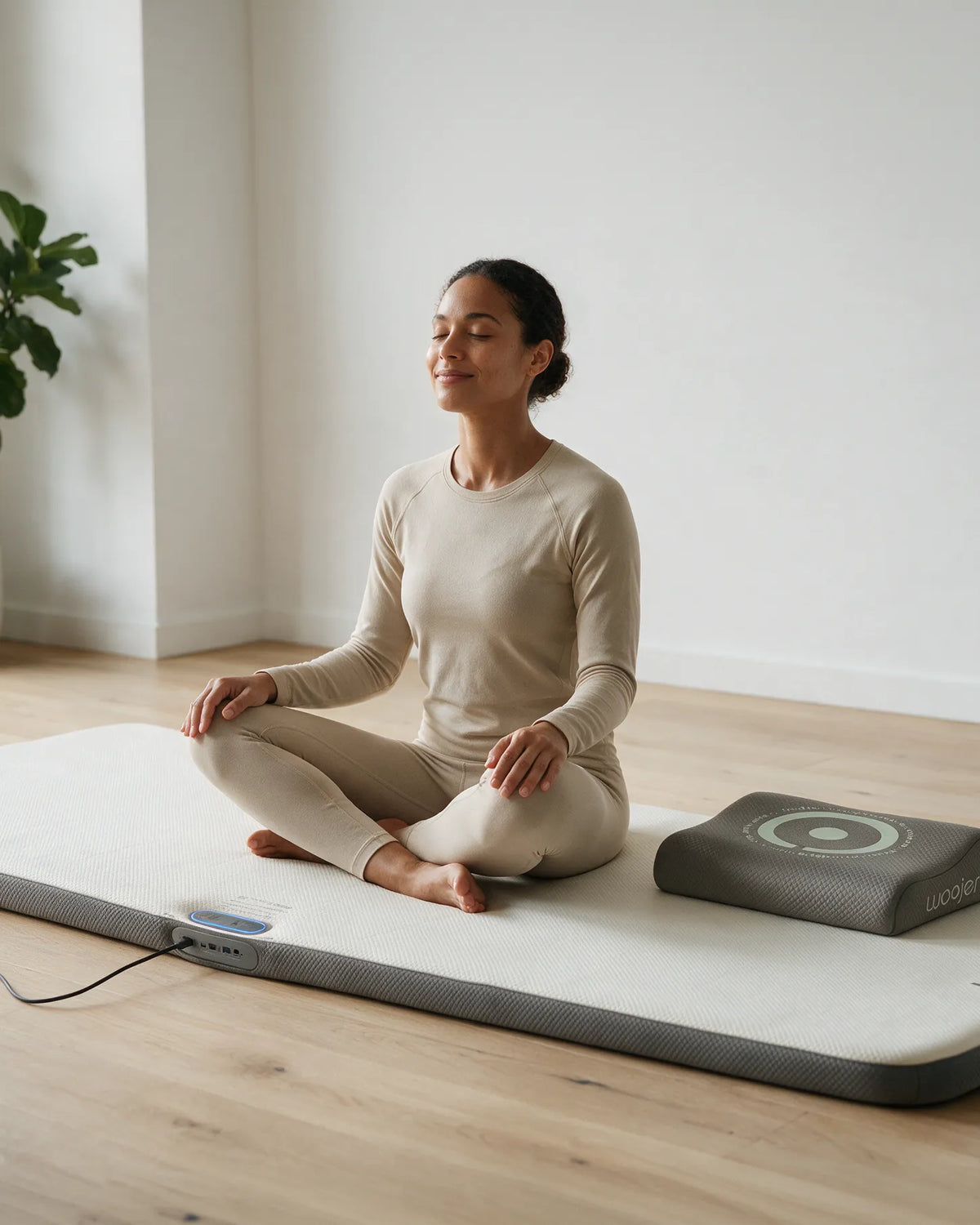 A person seated on a Woojer MAT during a measured session