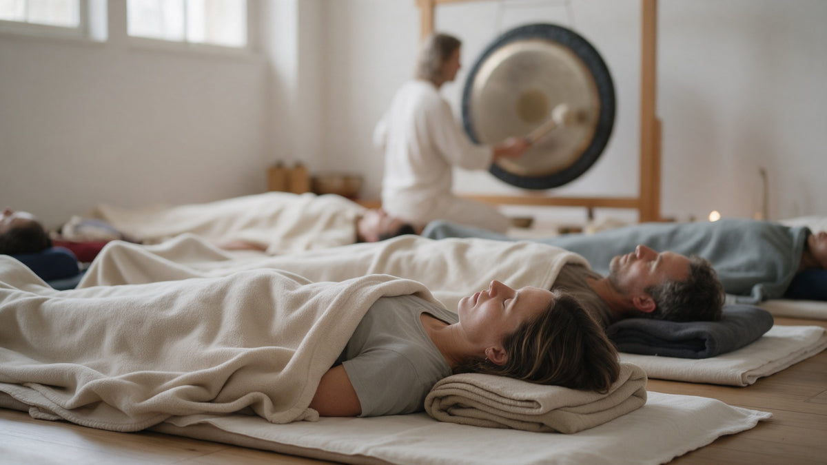A group sound bath class, people lying on mats