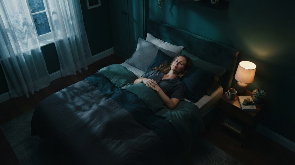 A dark bedroom at night with a bedside lamp