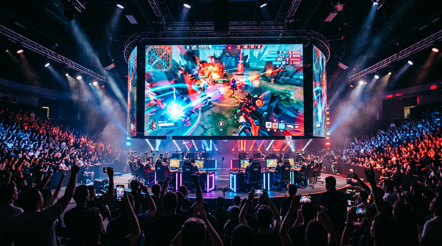 A packed esports arena with a giant screen showing a game above the players