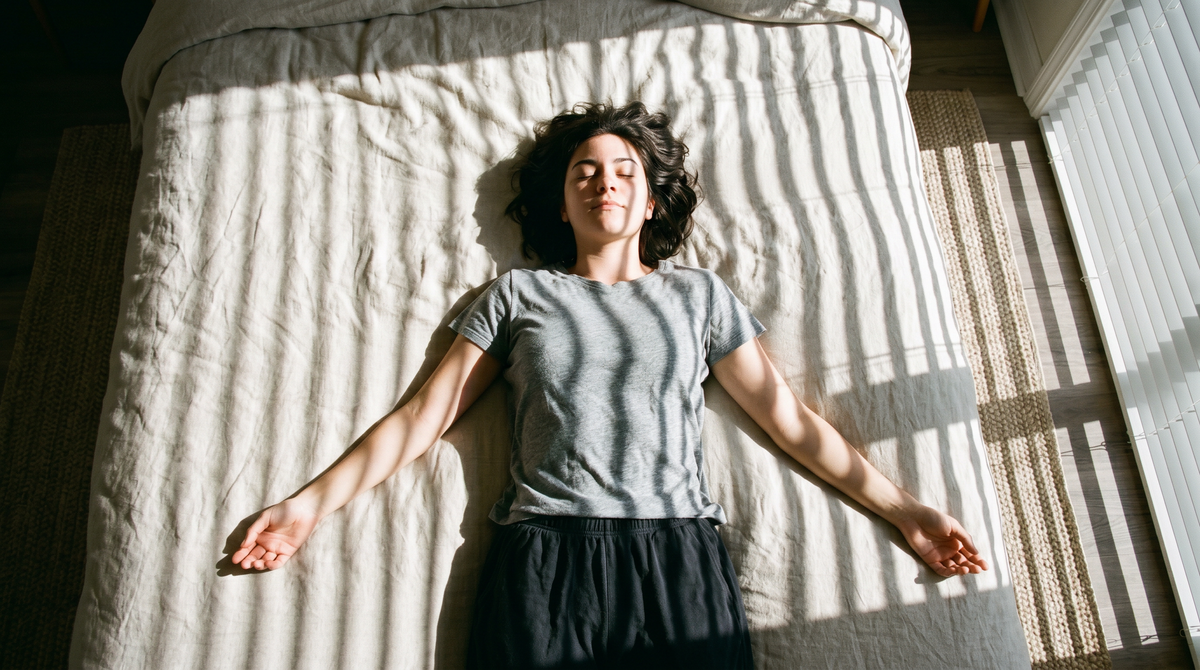 A woman lying on her back on a sunlit bed with her arms spread, relaxed