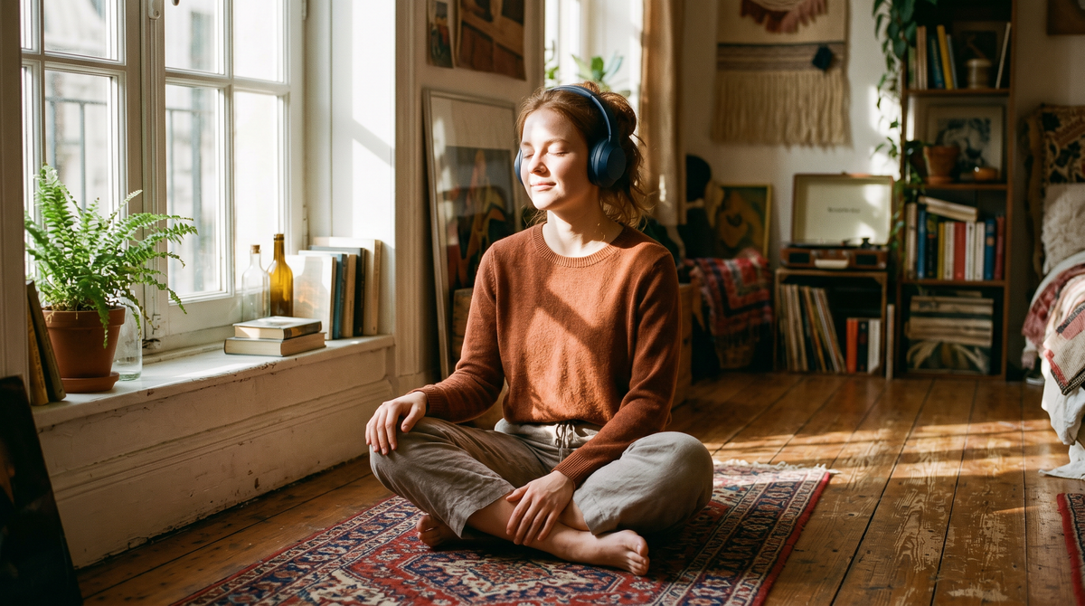 A woman with headphones sitting cross-legged on a rug in a sunny room, eyes closed