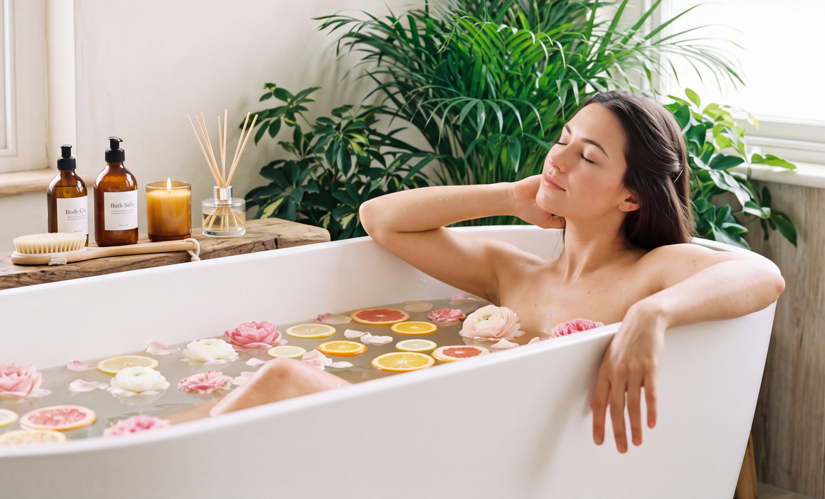 A woman relaxing in a bath with floating flowers and citrus slices