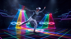 A man in a VR headset dancing on a neon grid with colorful light beams