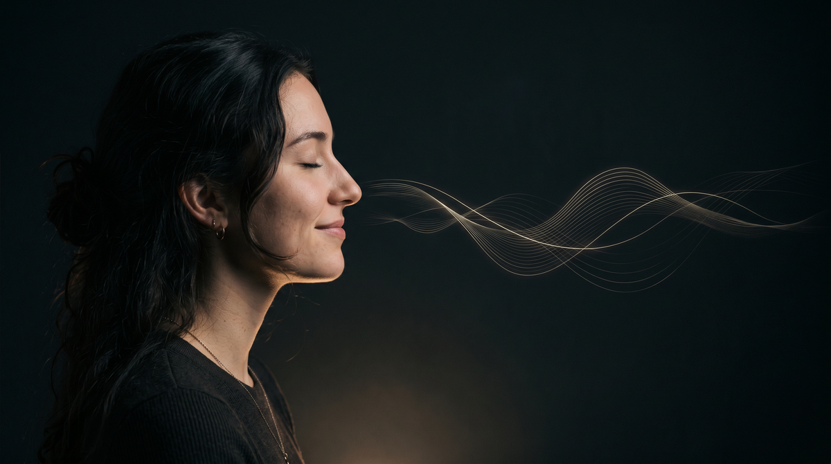 A woman in profile with eyes closed as a soft wave of light flows from her face