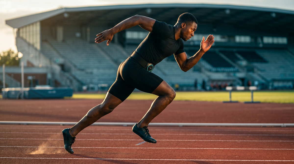 A sprinter in black kit driving out of a start on a red stadium track