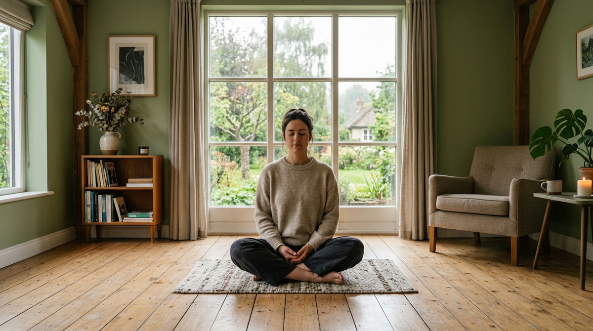 A woman meditating cross-legged on a rug by a tall window