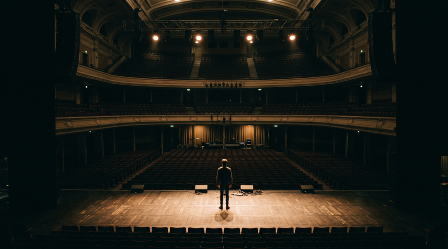 A lone figure standing on the stage of an empty, softly lit concert hall
