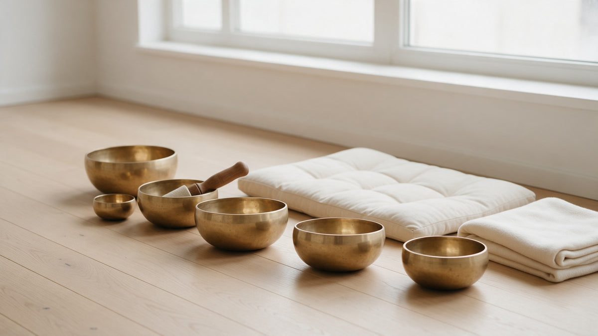 Brass singing bowls of different sizes in a row on a light oak floor beside a floor cushion and a folded blanket