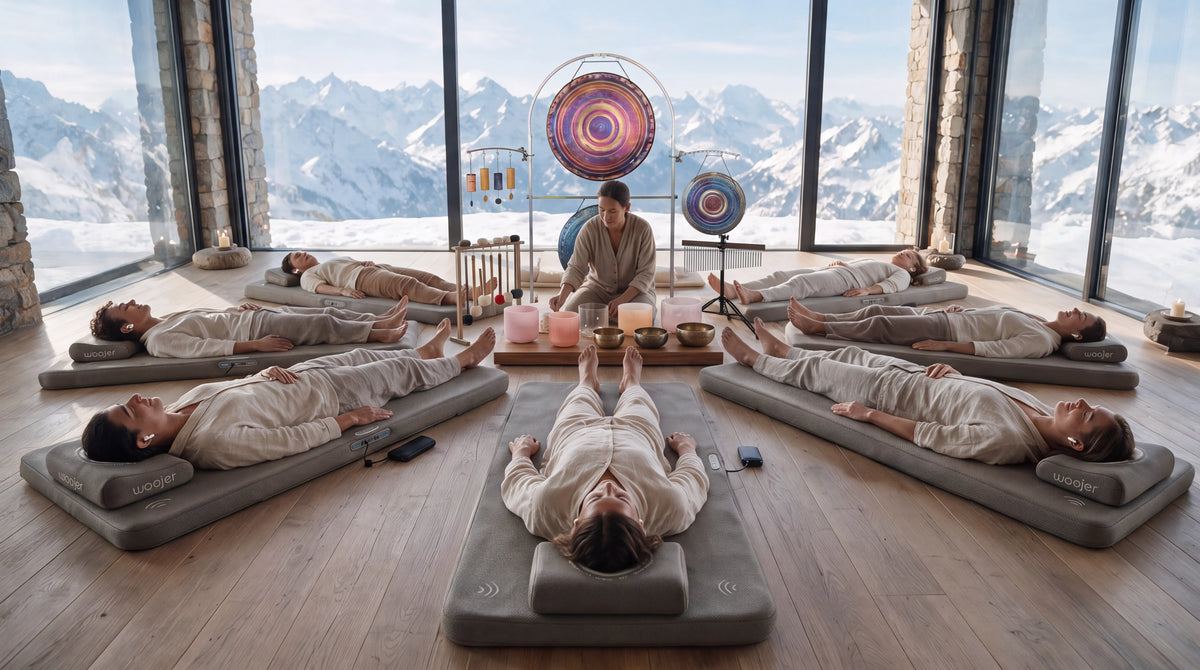A sound session on Woojer MATs arranged in a circle, mountains outside