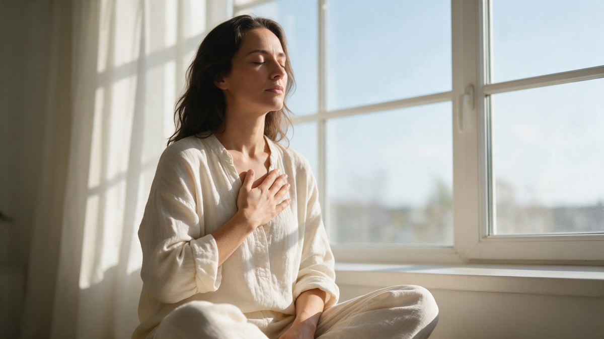 A woman sitting by a bright window with her eyes closed, breathing slowly