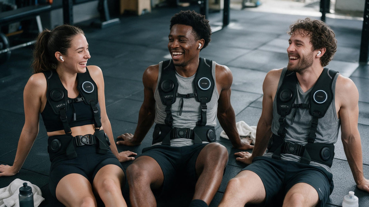 Three friends resting on a gym floor after training